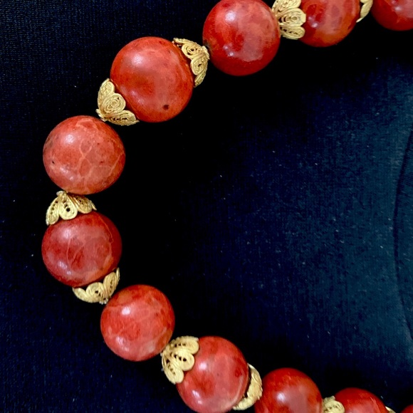 Large size red real Coral balls Necklace & Gold tone real silver Earrings 3 Pc - Picture 7 of 16